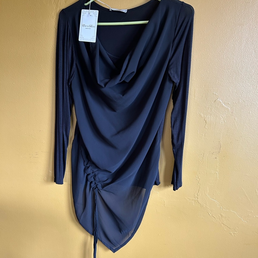 Women’s dress top with crepe overlay in front and adjustable drawstring. New